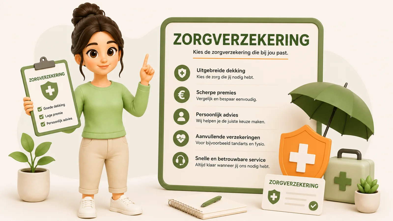 3D-illustratie van een staande vrouw die naar een overzichtsbord met kenmerken van een zorgverzekering wijst.