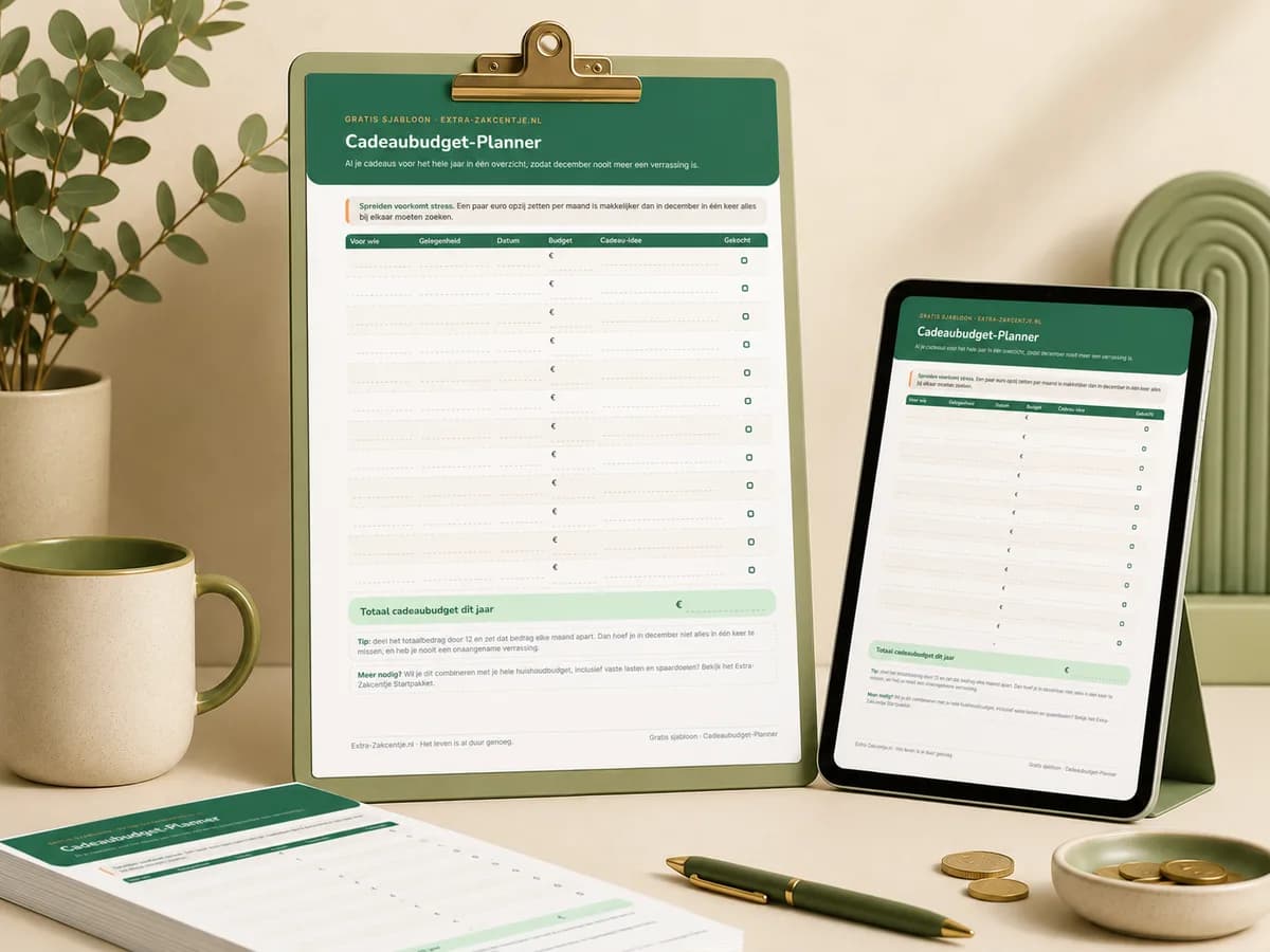 De Extra-Zakcentje cadeaubudget-planner als printbaar jaaroverzicht op een klembord en een tablet op een bureau.