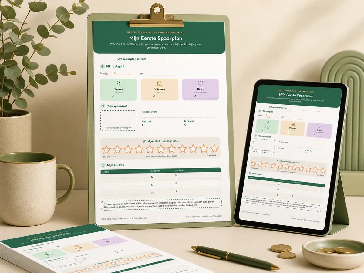 Het kindvriendelijke sjabloon Mijn Eerste Spaarplan met vakjes voor sparen, uitgeven en delen op een klembord en tablet.