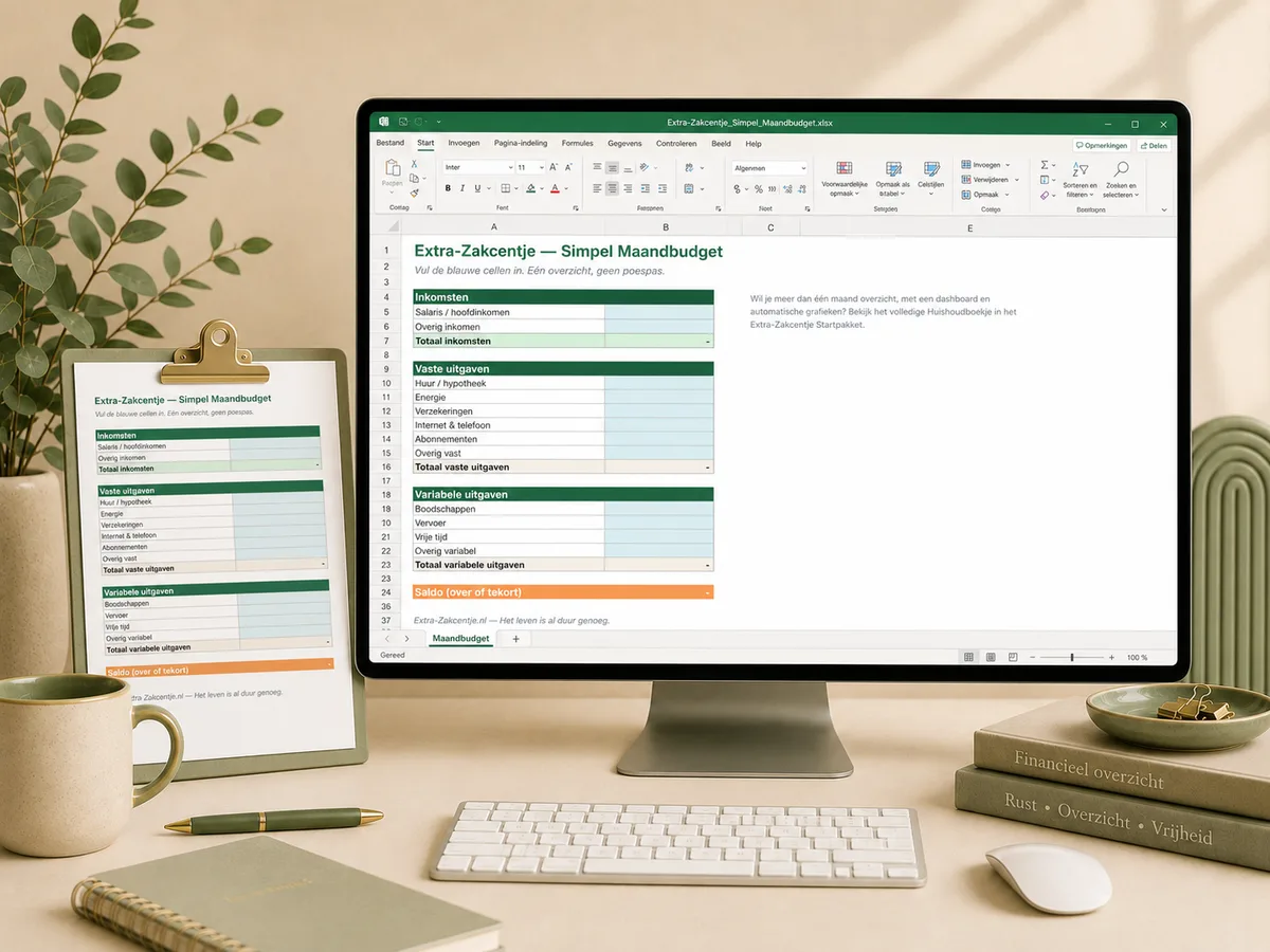 Het Extra-Zakcentje maandbudget-sjabloon als spreadsheet op een beeldscherm, met een geprinte versie ernaast op een bureau.