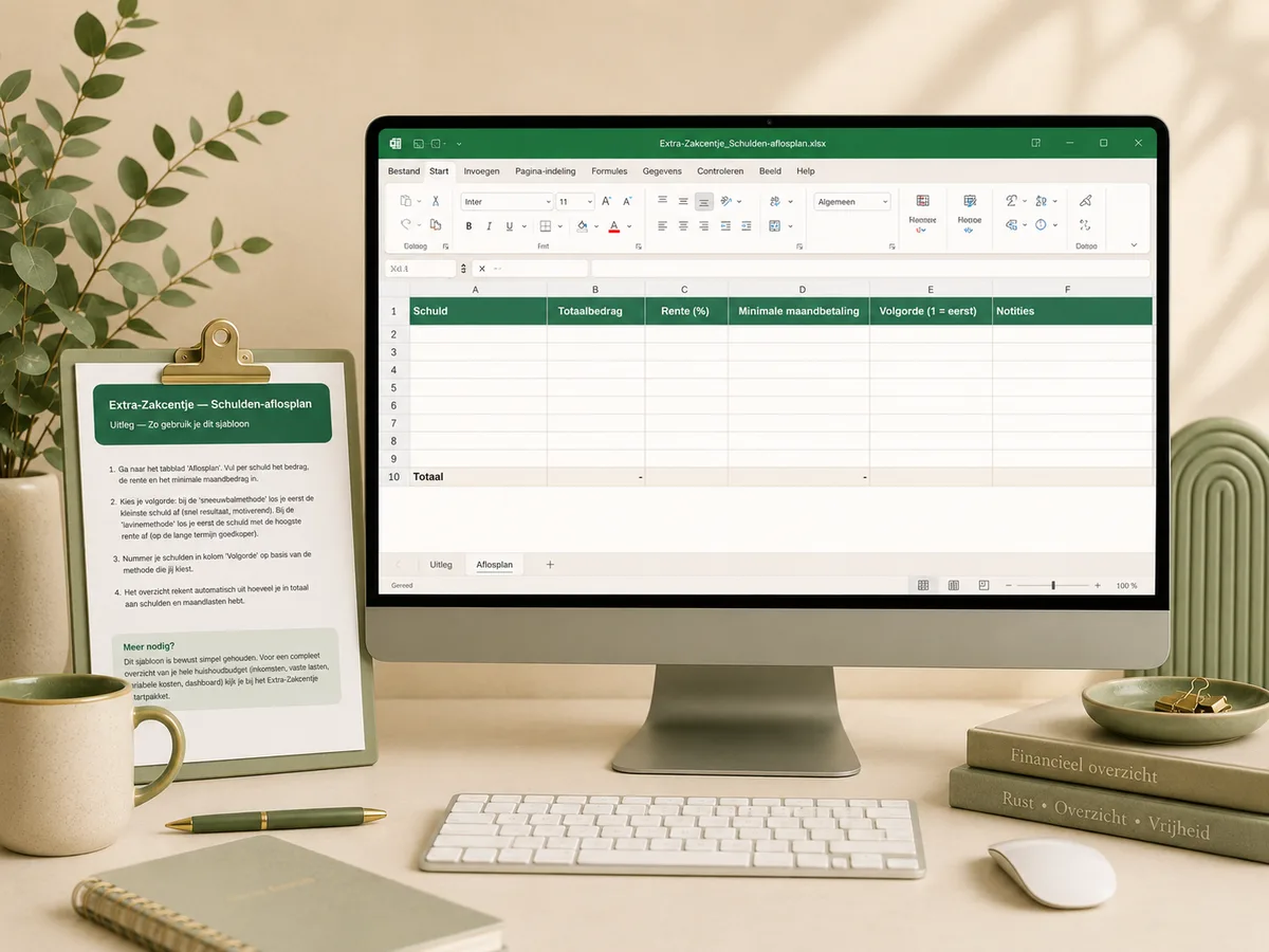 Het Extra-Zakcentje schulden-aflosplan als spreadsheet op een beeldscherm, met een geprinte uitleg ernaast op een bureau.