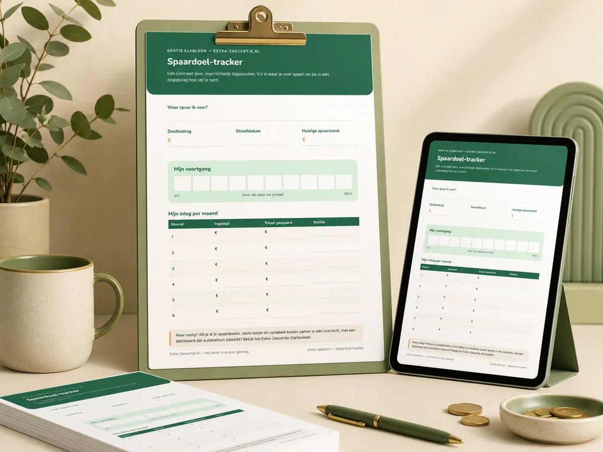 De Extra-Zakcentje spaardoel-tracker als printbaar sjabloon op een klembord en een tablet op een bureau.