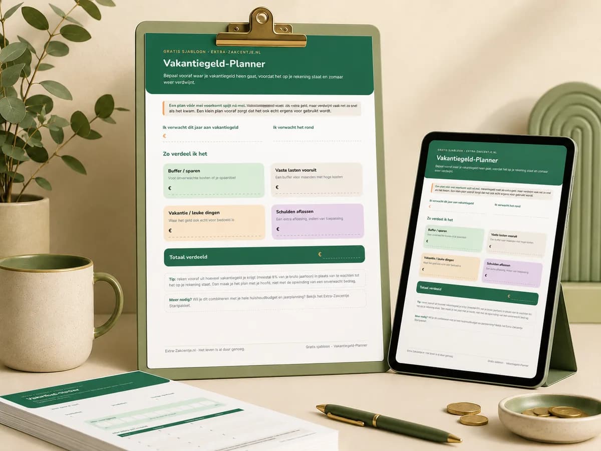 De Extra-Zakcentje vakantiegeld-planner die het bedrag verdeelt over buffer, vaste lasten en vakantie, op een klembord en tablet.