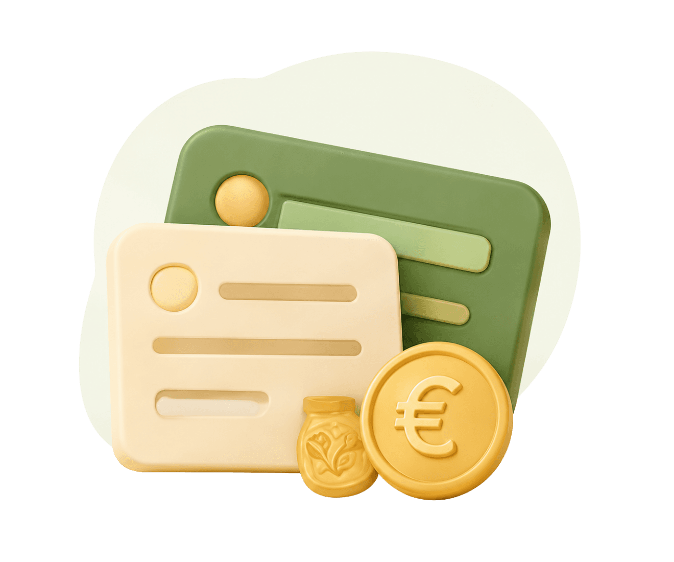 3D-illustratie van abonnementskaarten met een gouden euromunt