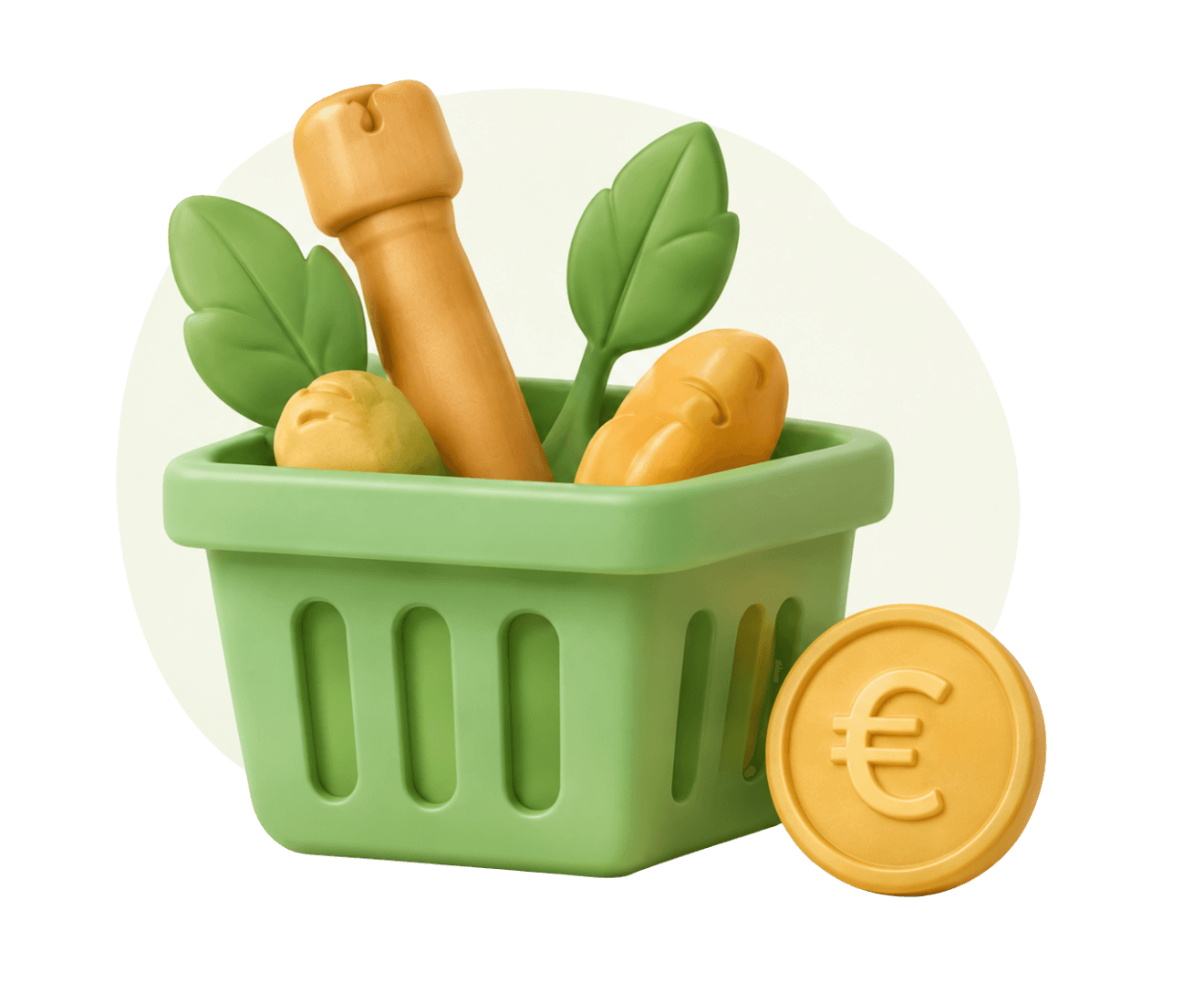 3D-illustratie van een groen boodschappenmandje met groente en een gouden euromunt