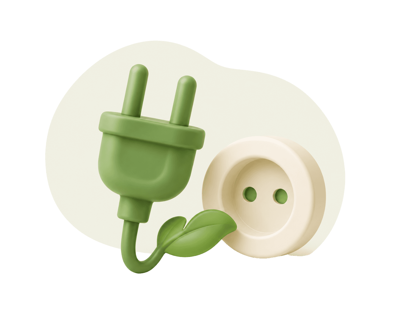 3D-illustratie van een groene stekker met een blad naast een stopcontact op een mintkleurige vorm.