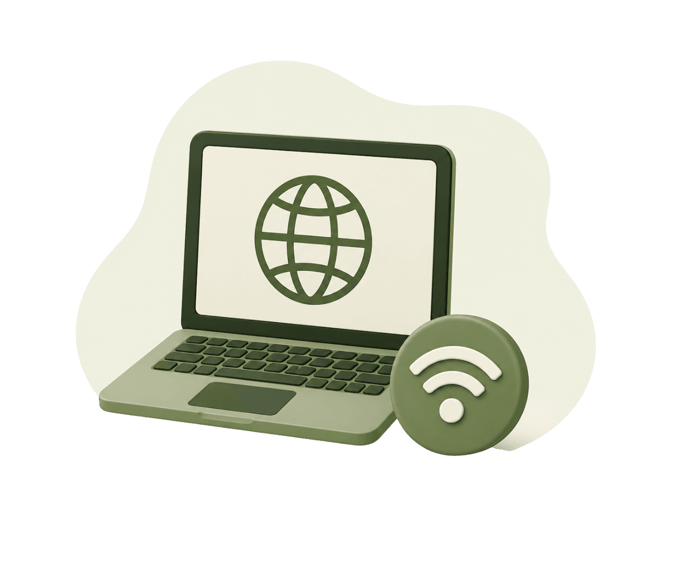 3D-illustratie van een laptop met een wereldbol op het scherm en een wifi-symbool.