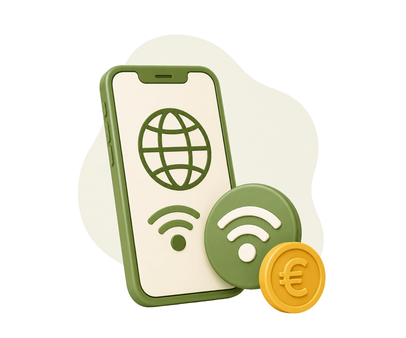 3D-illustratie van een smartphone met een wereldbol en wifi-symbool en een gouden euromunt