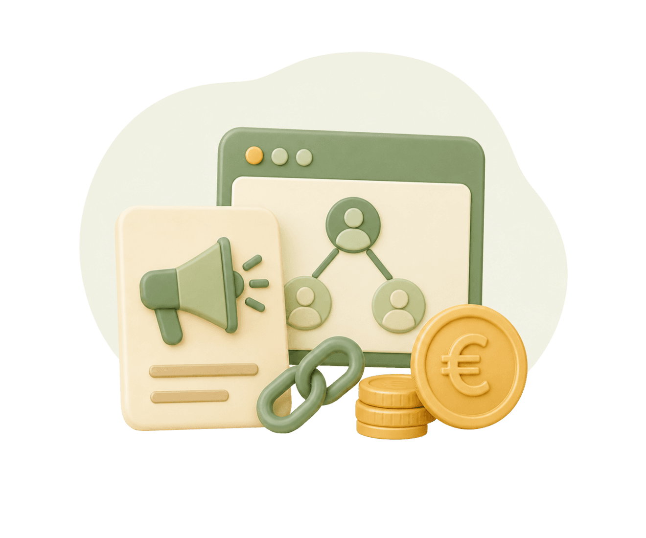 3D-illustratie van een browservenster met een netwerkschema van personen, een megafoon en een schakelketting naast gouden euromunten