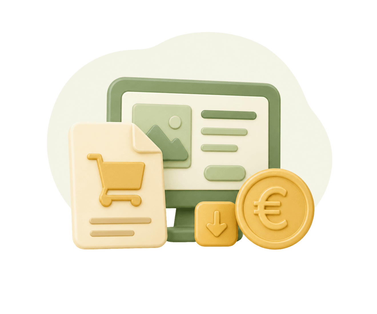 3D-illustratie van een beeldscherm met een productpagina, een document met winkelwagentje, een downloadpijl en een gouden euromunt