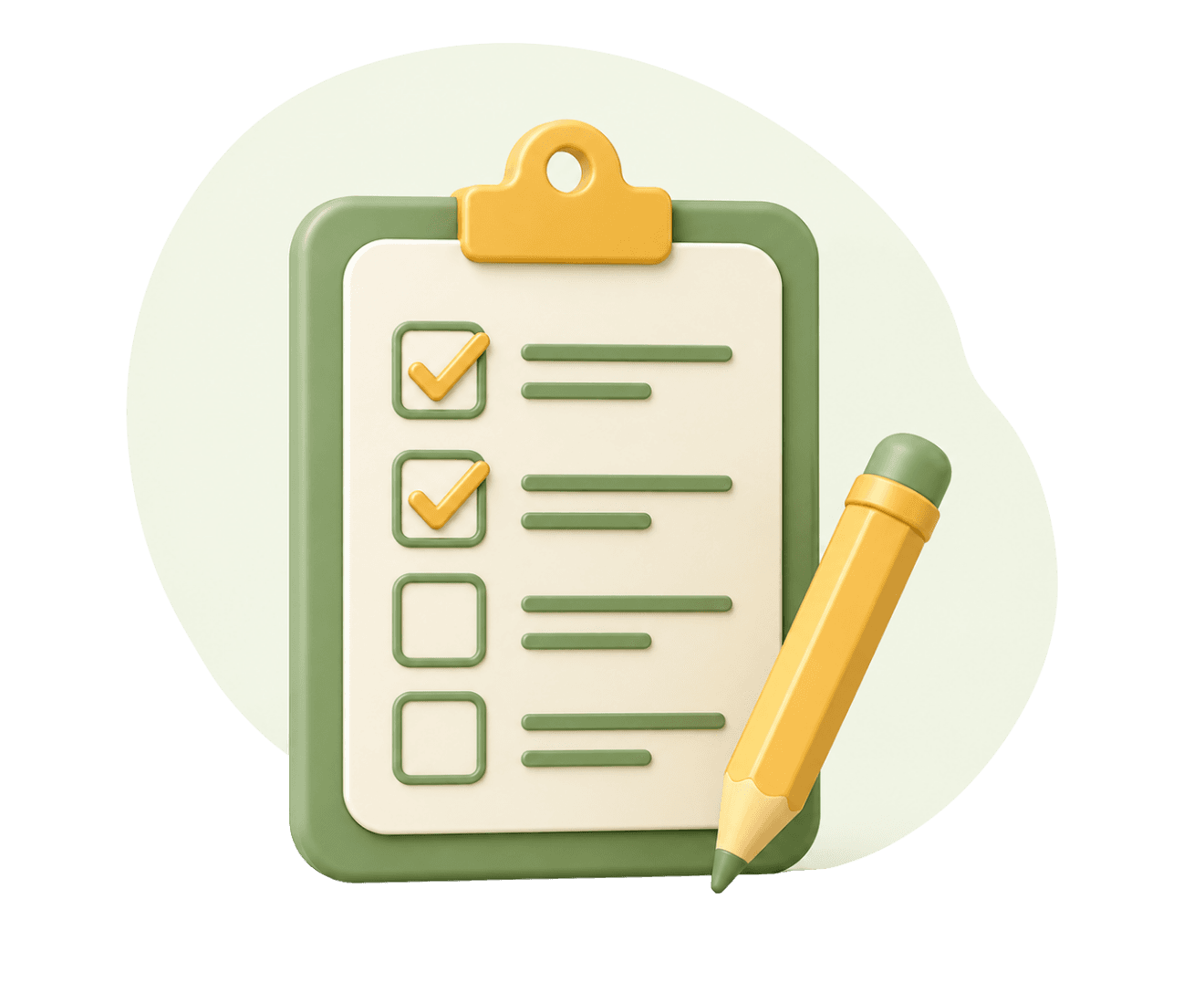 3D-illustratie van een klembord met een afgevinkte checklist en een geel potlood