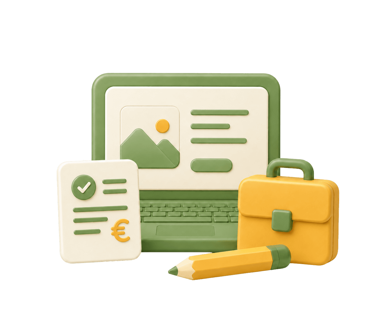 3D-illustratie van een laptop met een profielpagina, een document met vinkje en euroteken, een gele aktetas en een potlood