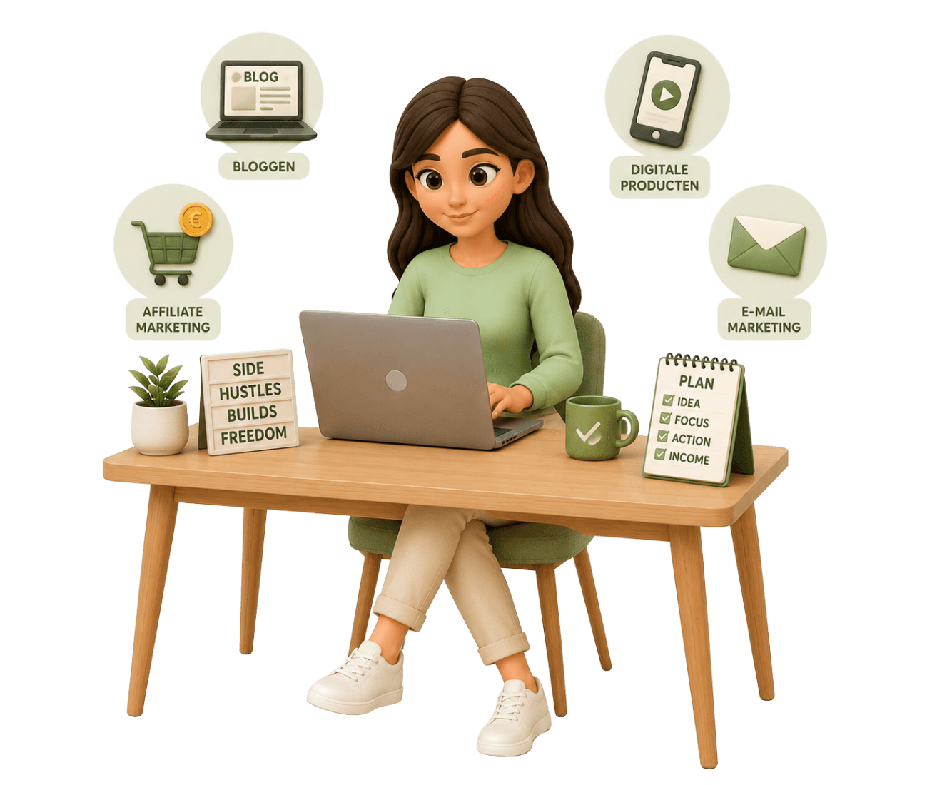 3D-illustratie van een vrouw achter een laptop met iconen voor bloggen, affiliate marketing, digitale producten en e-mailmarketing en een planbord.