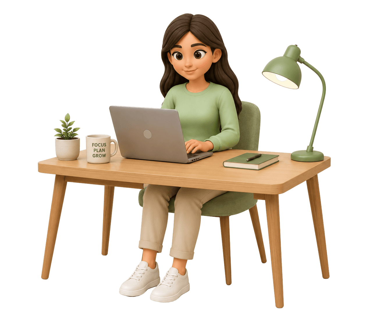 3D-illustratie van een vrouw die met een laptop aan een bureau thuiswerkt naast een bureaulamp.