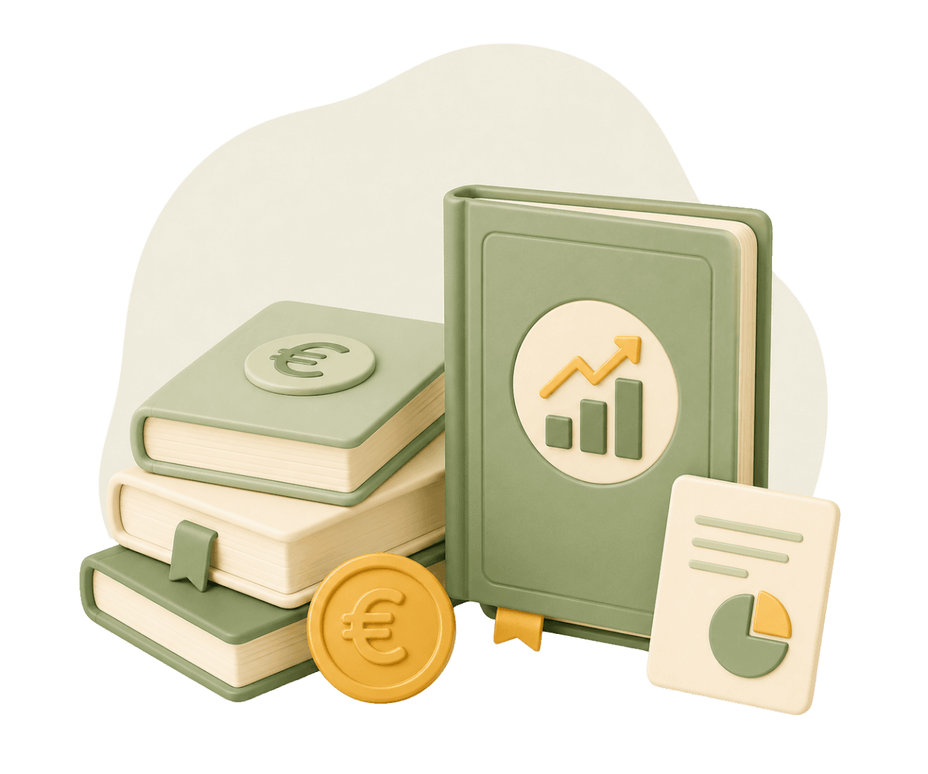 3D-illustratie van een stapel boeken over geld met een euromunt, een rechtopstaand boek met een groeigrafiek op de kaft en een rapport met een cirkeldiagram.