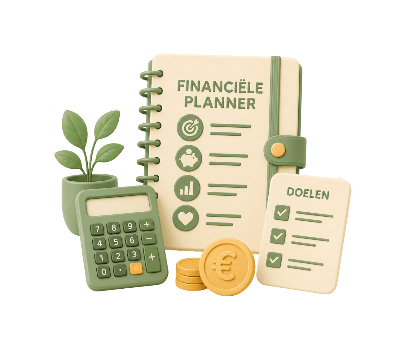 3D-illustratie van een financiele-planner-agenda met doel-, spaar- en grafiek-iconen, een rekenmachine, euromunten, een plant en een DOELEN-checklist.