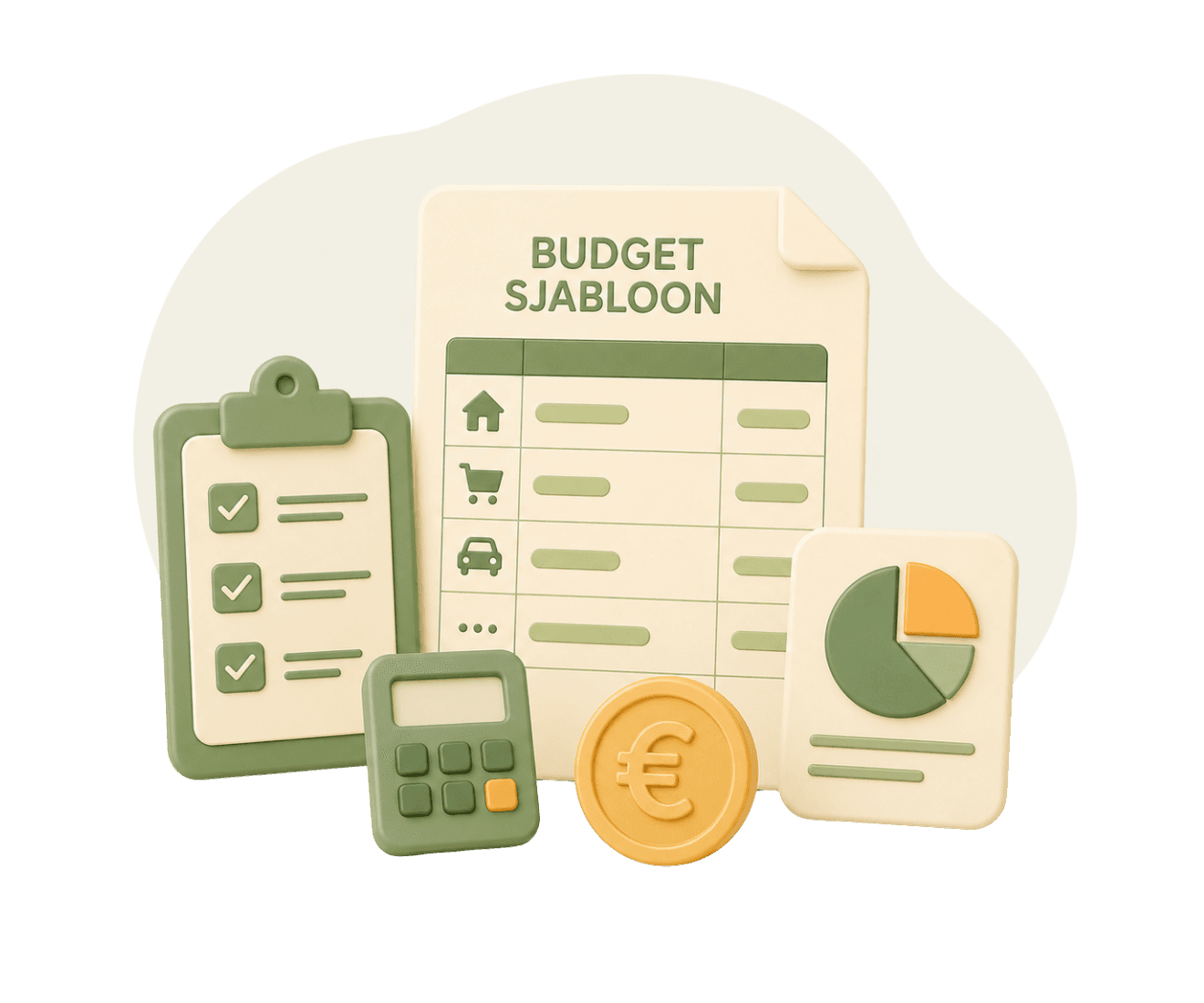 3D-illustratie van een budget-sjabloon-document met een tabel, een klembord met afvinklijst, een rekenmachine, een euromunt en een cirkeldiagram.