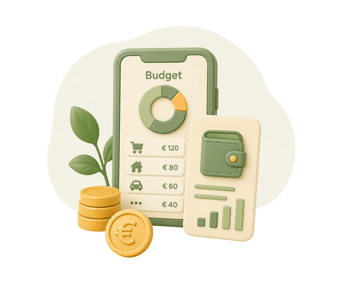 3D-illustratie van een telefoon met een budgetoverzicht, een portemonnee, muntstukken en een plant.