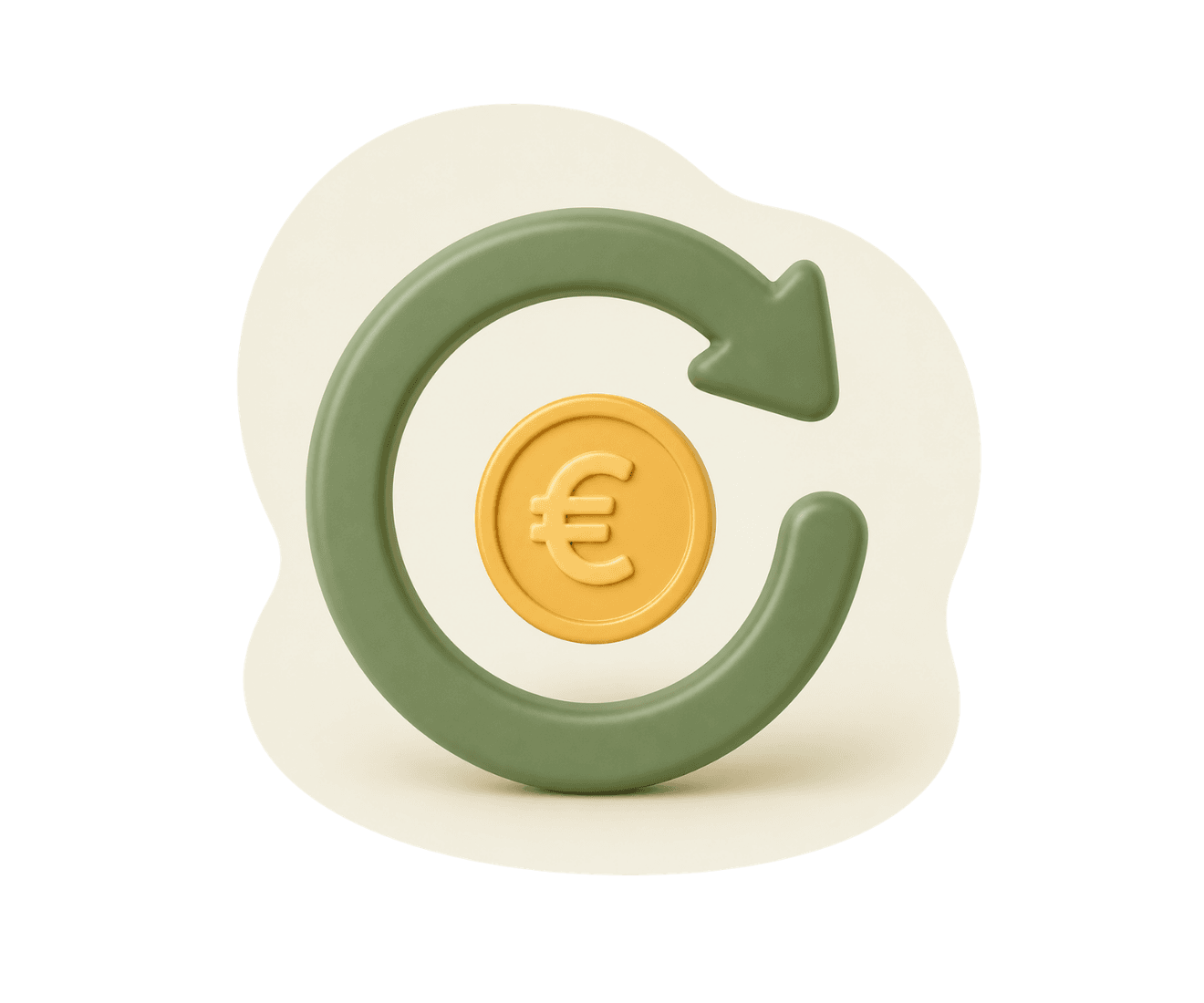 3D-illustratie van een ronde pijl rond een euromunt die geld terug symboliseert.