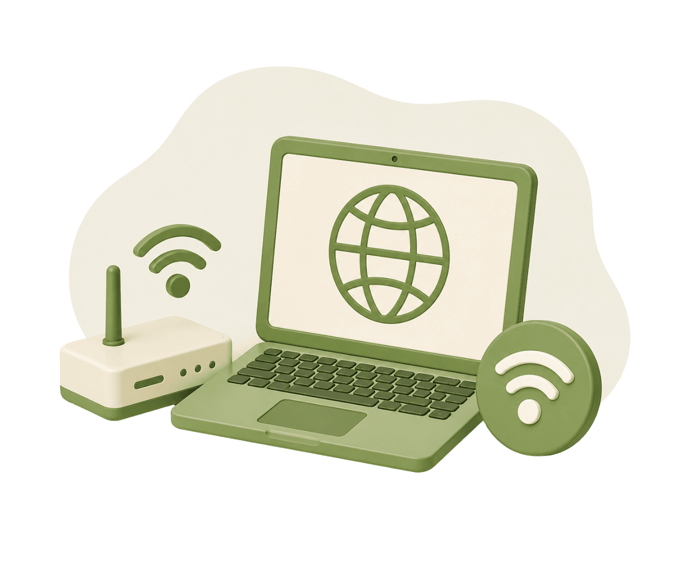 3D-illustratie van een laptop met een wereldbol, een router en twee wifi-symbolen.