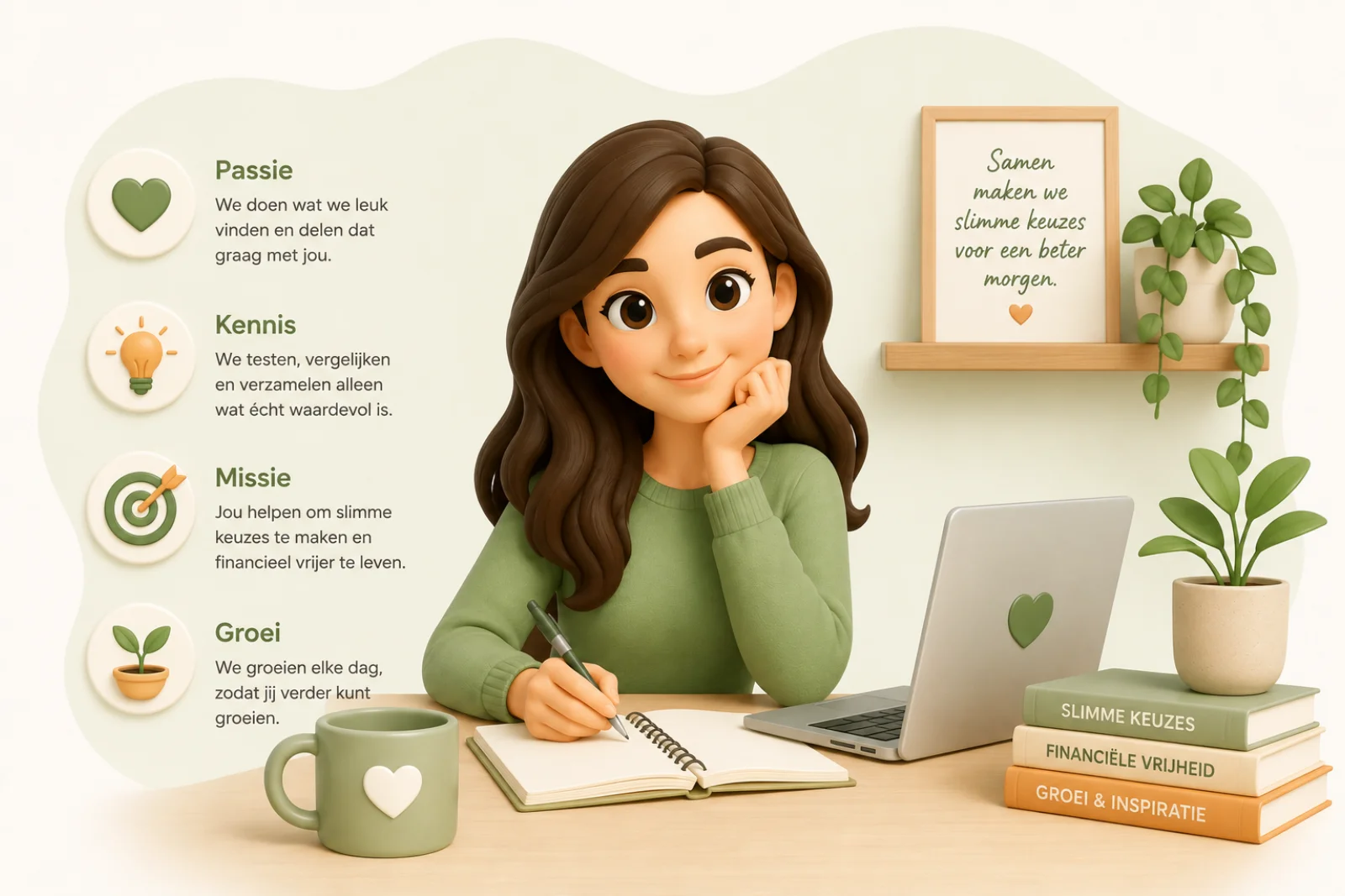 3D-illustratie van een vrouw die aan een bureau schrijft met een laptop, een ingelijste tekst en boeken; naast haar de kernwaarden passie, kennis, missie en groei