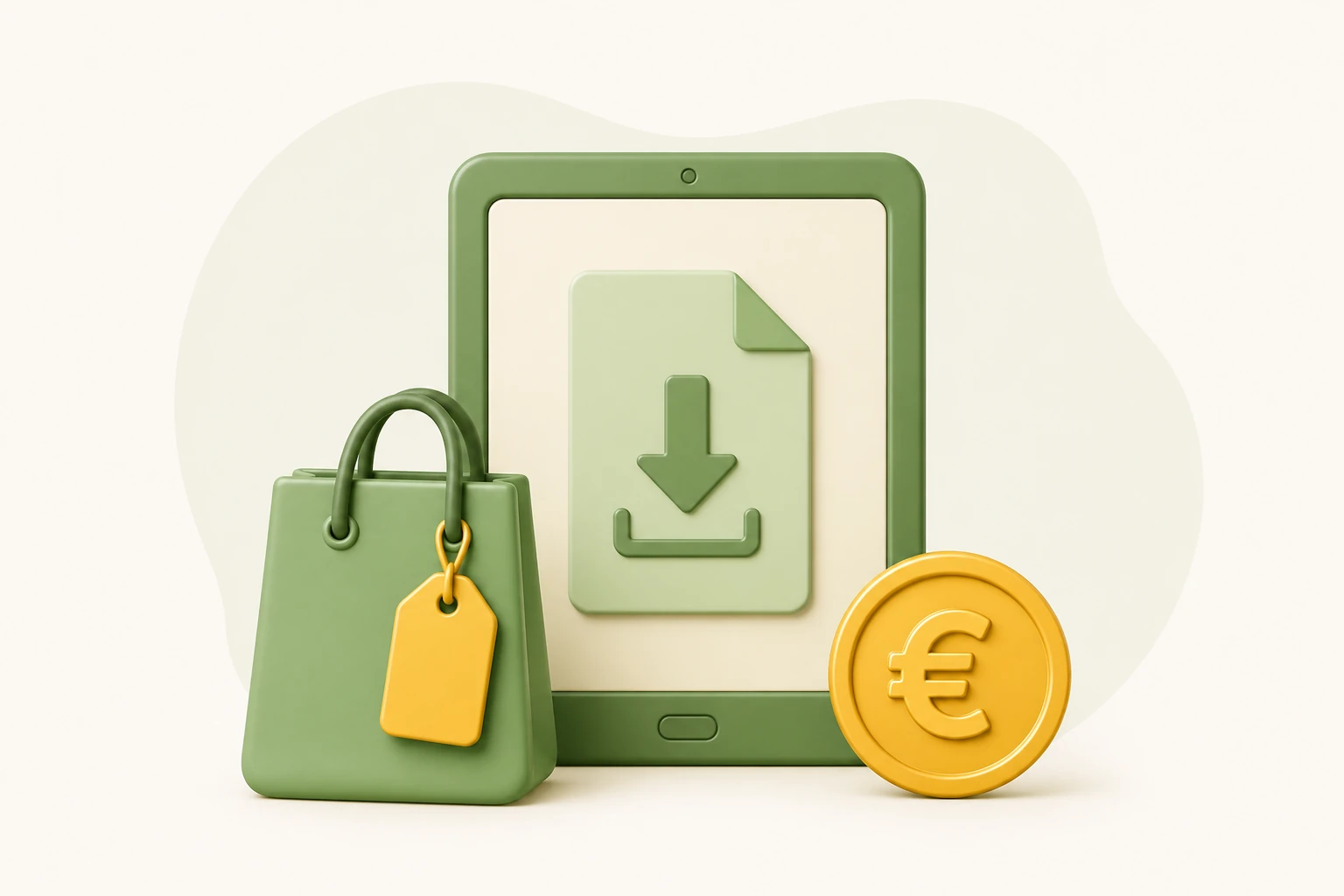 3D-illustratie van een groene tablet met een document met downloadpijl, een groene boodschappentas met een geel prijskaartje en een gouden euromunt