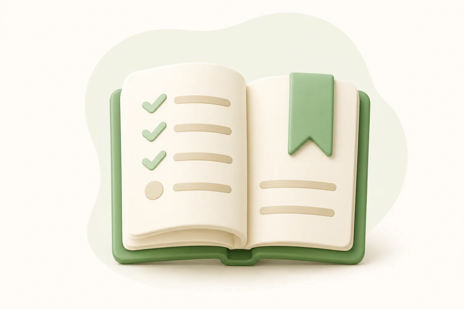 Open boek met groene vinkjes en een groene bladwijzer