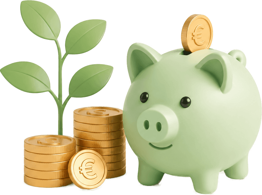 Groen spaarvarken met een euromunt die erin valt, naast gouden muntstapels en een groeiend plantje - slim sparen en je geld laten groeien.