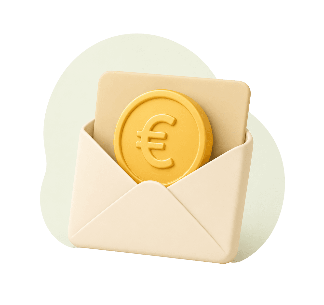 Open envelop met een brief en een gouden euromunt