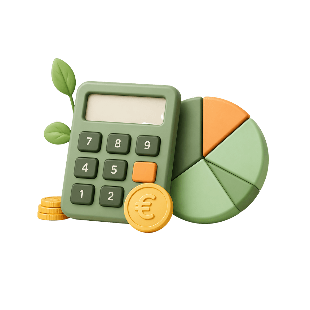 Groene rekenmachine met een cirkeldiagram, een gouden euromunt en muntgeld