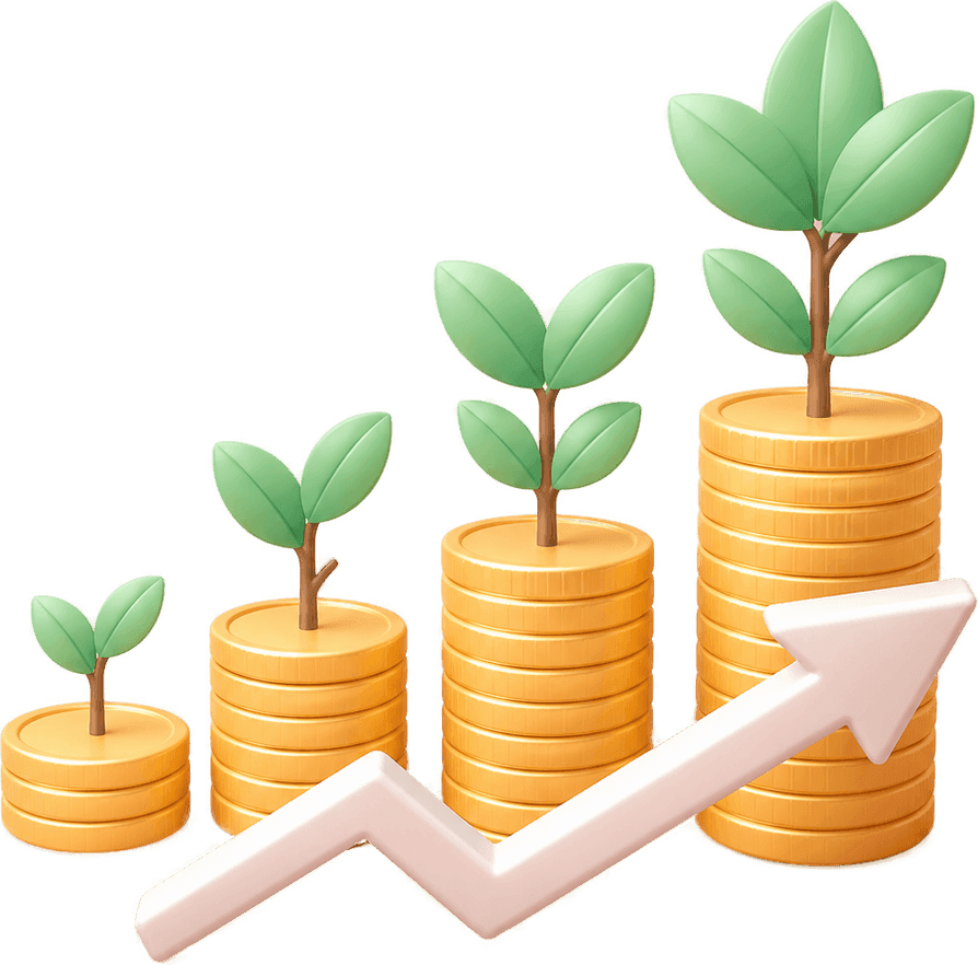 Oplopende gouden muntstapels met groeiende plantjes en een stijgende pijl - je spaargeld dat gestaag groeit.