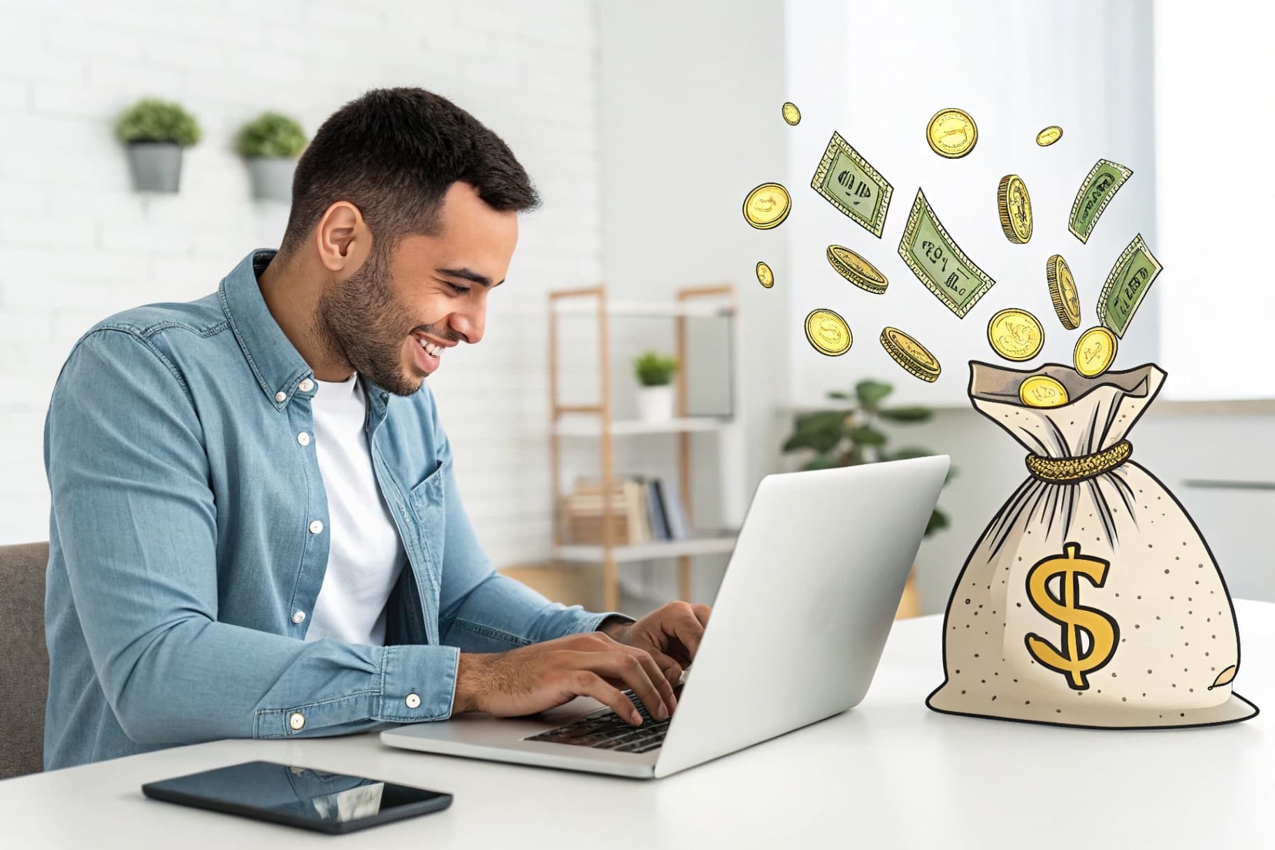 Man werkt op laptop en houdt geld over door zijn vaste lasten te verlagen