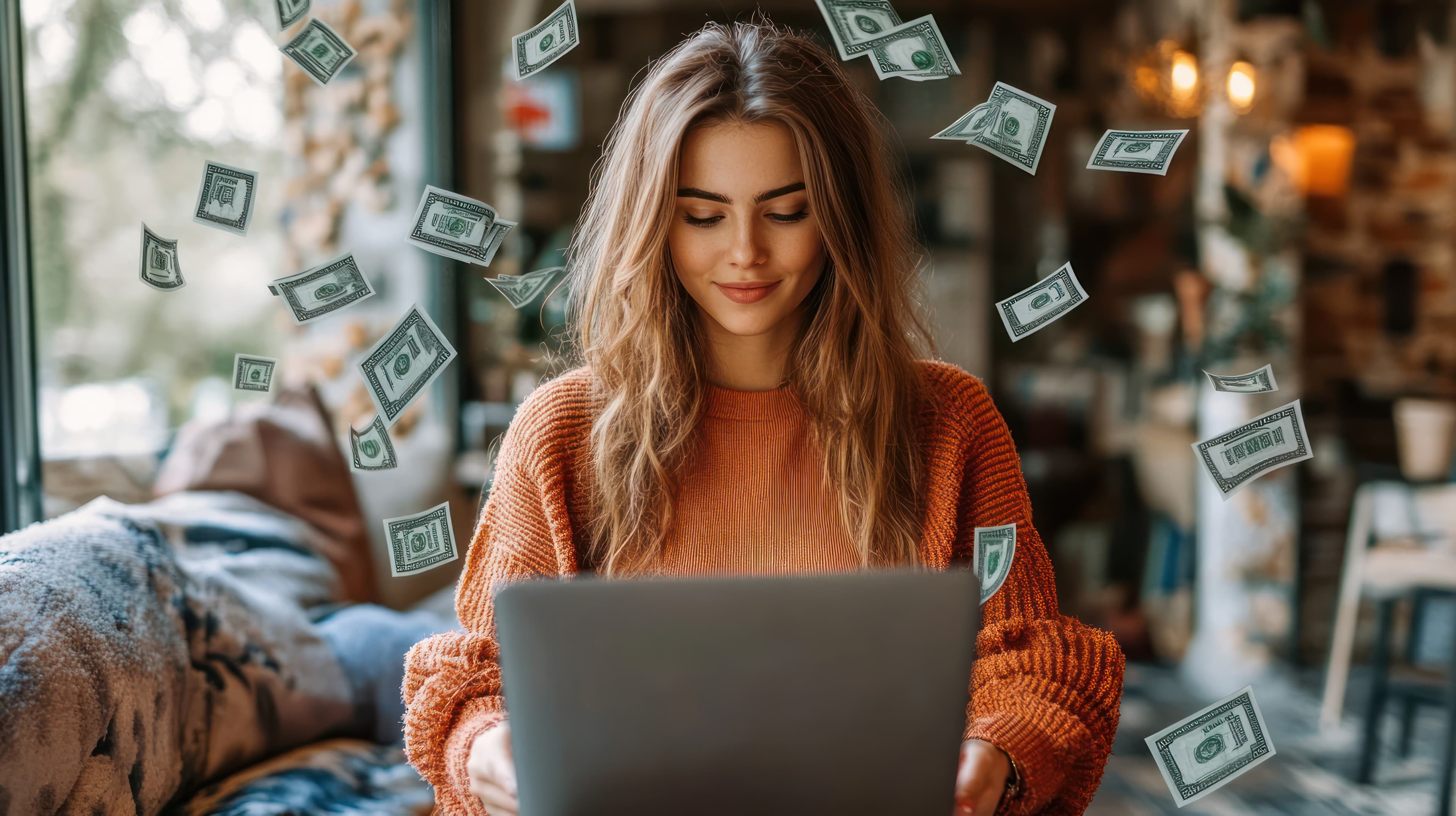 Vrouw werkt blij aan laptop en verdient extra per maand